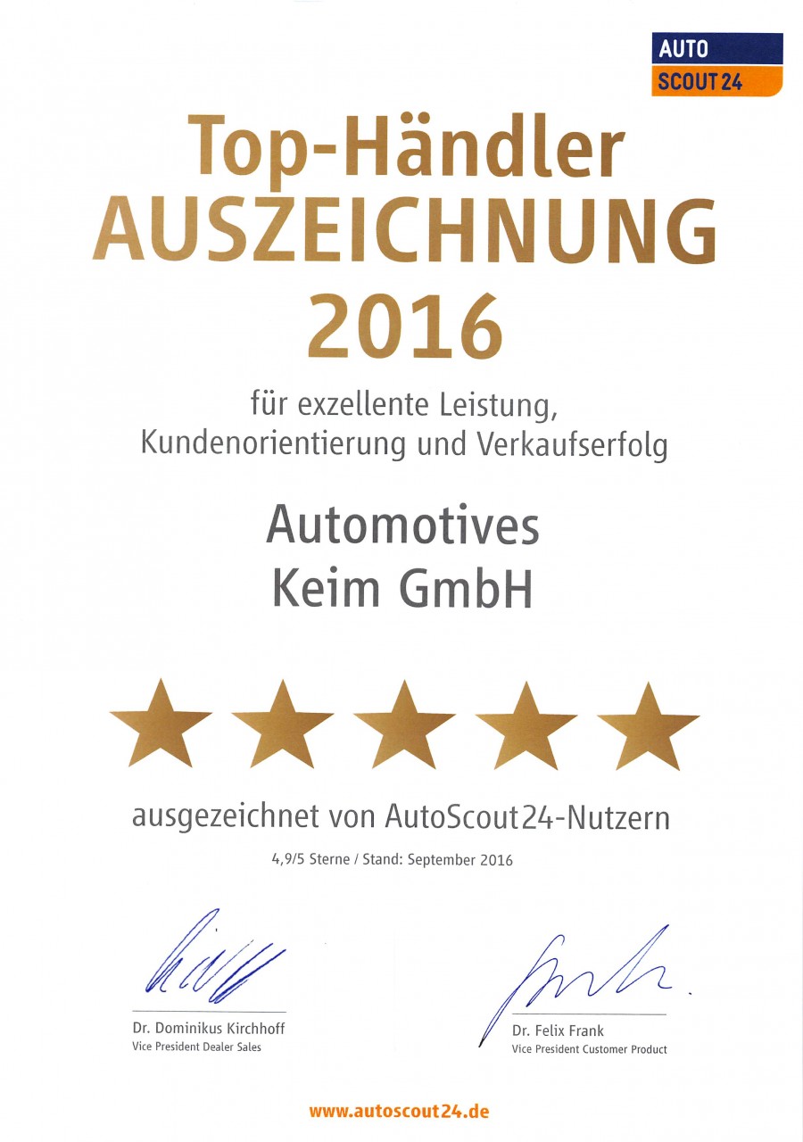 Automotives Keim erhält Autoscout 24 Auszeichnung für hervorragende Leistung und Verkaufserfahrung 2016 ...